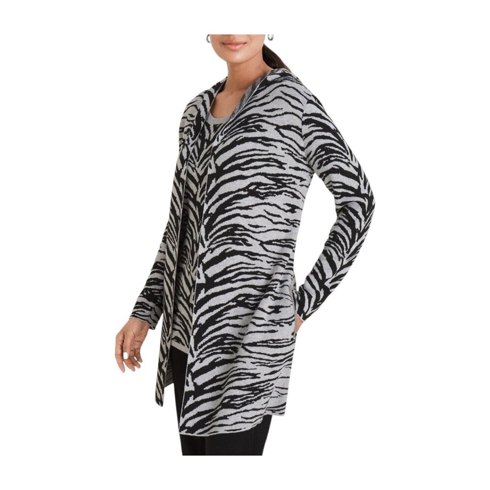 Chico’s Zinergy Cotton-Cashmere Cardigan with matching tiger-print tank. Large